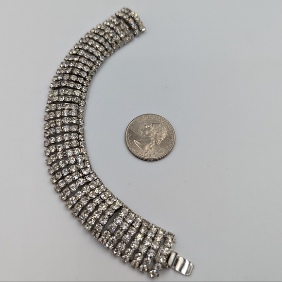 Vintage Silver Tone Clear Rhinestones Half Dome Statement Bracelet 7" Unmarked - Picture 11 of 11